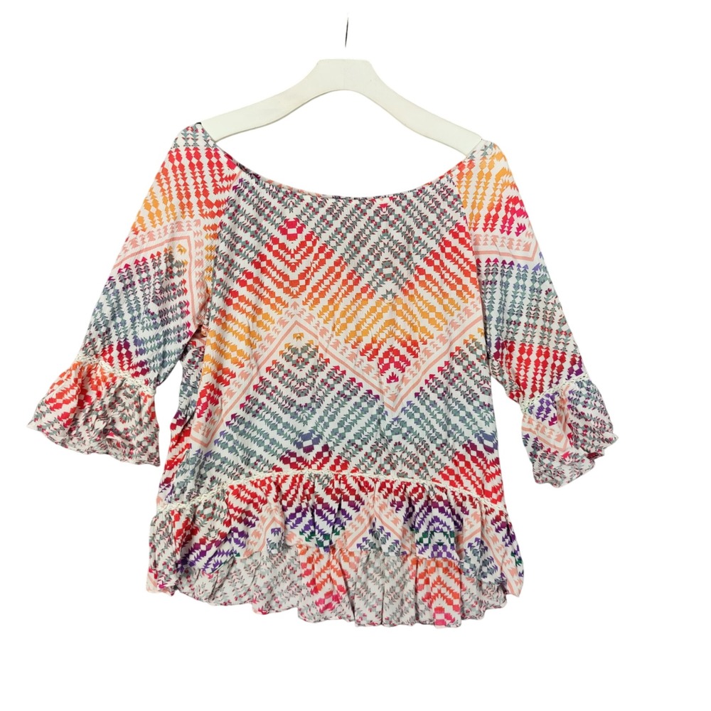 Zac &‎ Rachel Peasant Blouse Colorful Print Ruffle Sleeve High-Low Womens Size L